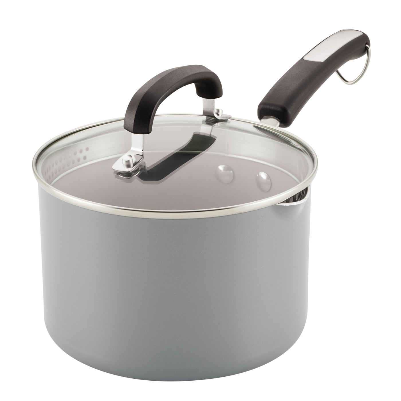 3-Quart Recycled Aluminum Nonstick Straining Saucepan featuring a gray finish, glass lid, and black handle.