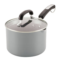 3-Quart Recycled Aluminum Nonstick Straining Saucepan featuring a gray finish, glass lid, and black handle.