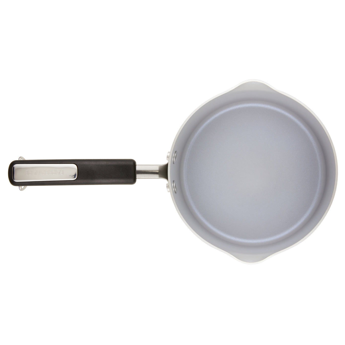 The top view shows a 3-Quart Recycled Aluminum Nonstick Straining Saucepan with an empty interior and a long black handle.