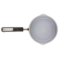 The top view shows a 3-Quart Recycled Aluminum Nonstick Straining Saucepan with an empty interior and a long black handle.