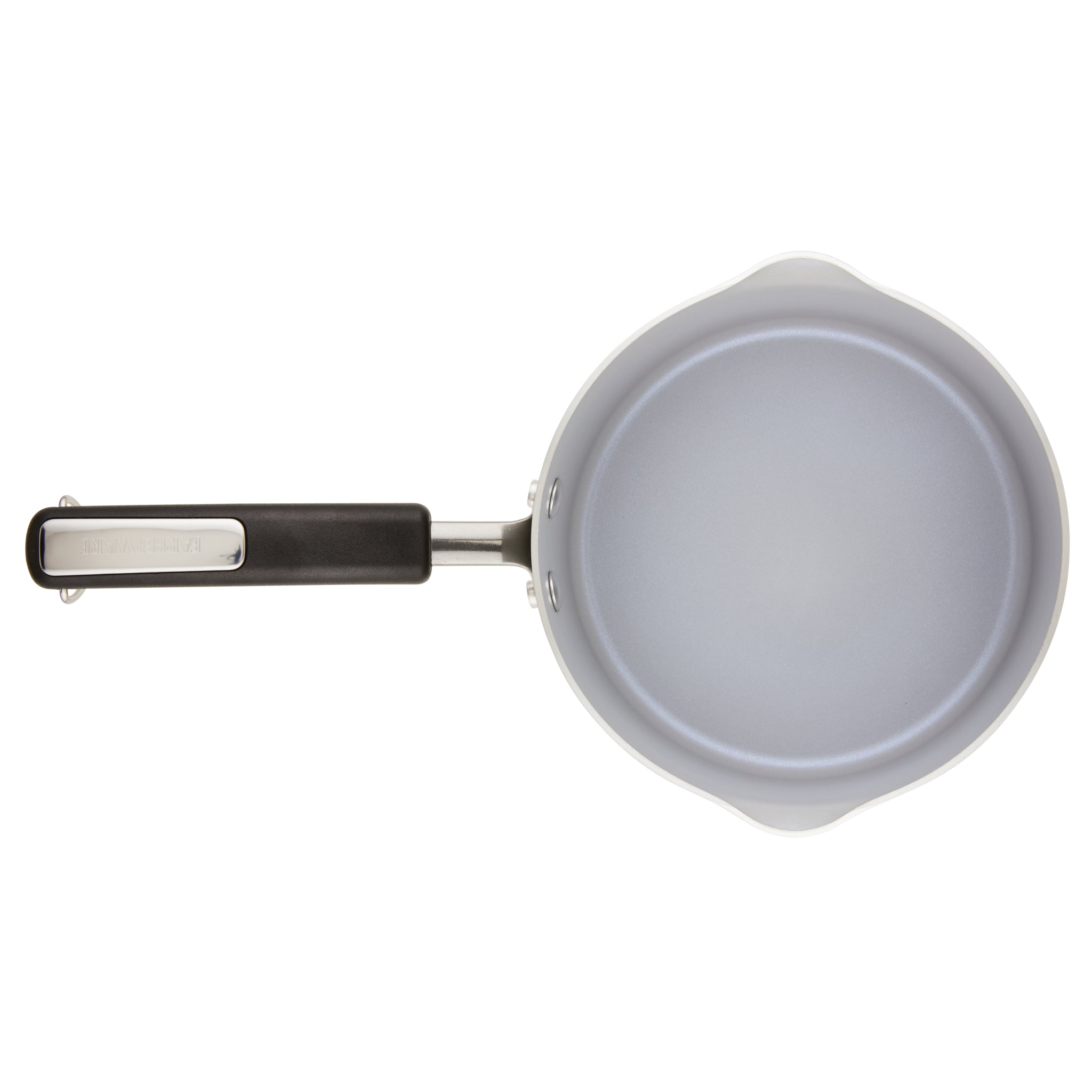 The top view shows a 3-Quart Recycled Aluminum Nonstick Straining Saucepan with an empty interior and a long black handle.