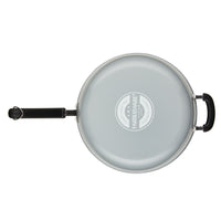Top view of the 12.5-Inch Recycled Aluminum Ceramic Nonstick Deep Frying Pan, showcasing its gray finish, black handle, and non-stick surface.