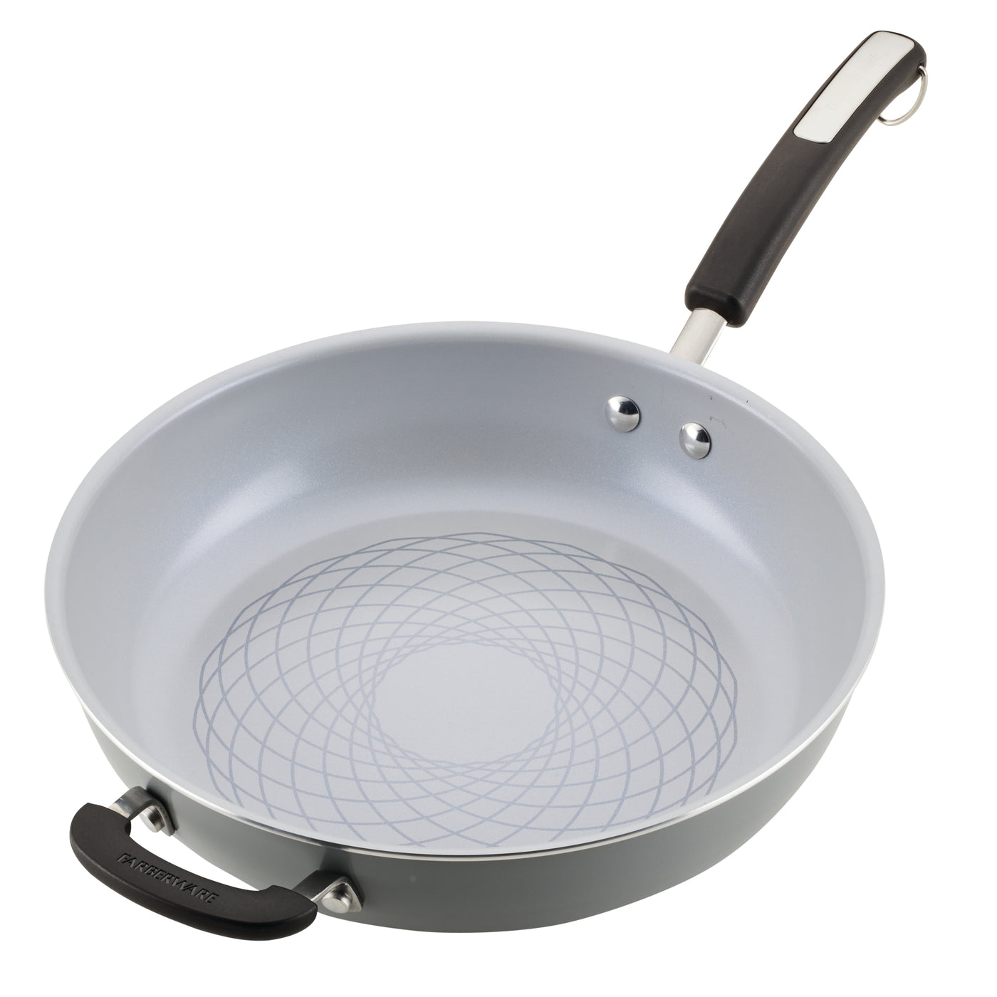 The 12.5-Inch Recycled Aluminum Ceramic Nonstick Deep Frying Pan features a gray design with a geometric pattern inside and a black handle, crafted from recycled aluminum for environmentally friendly and healthy cooking.