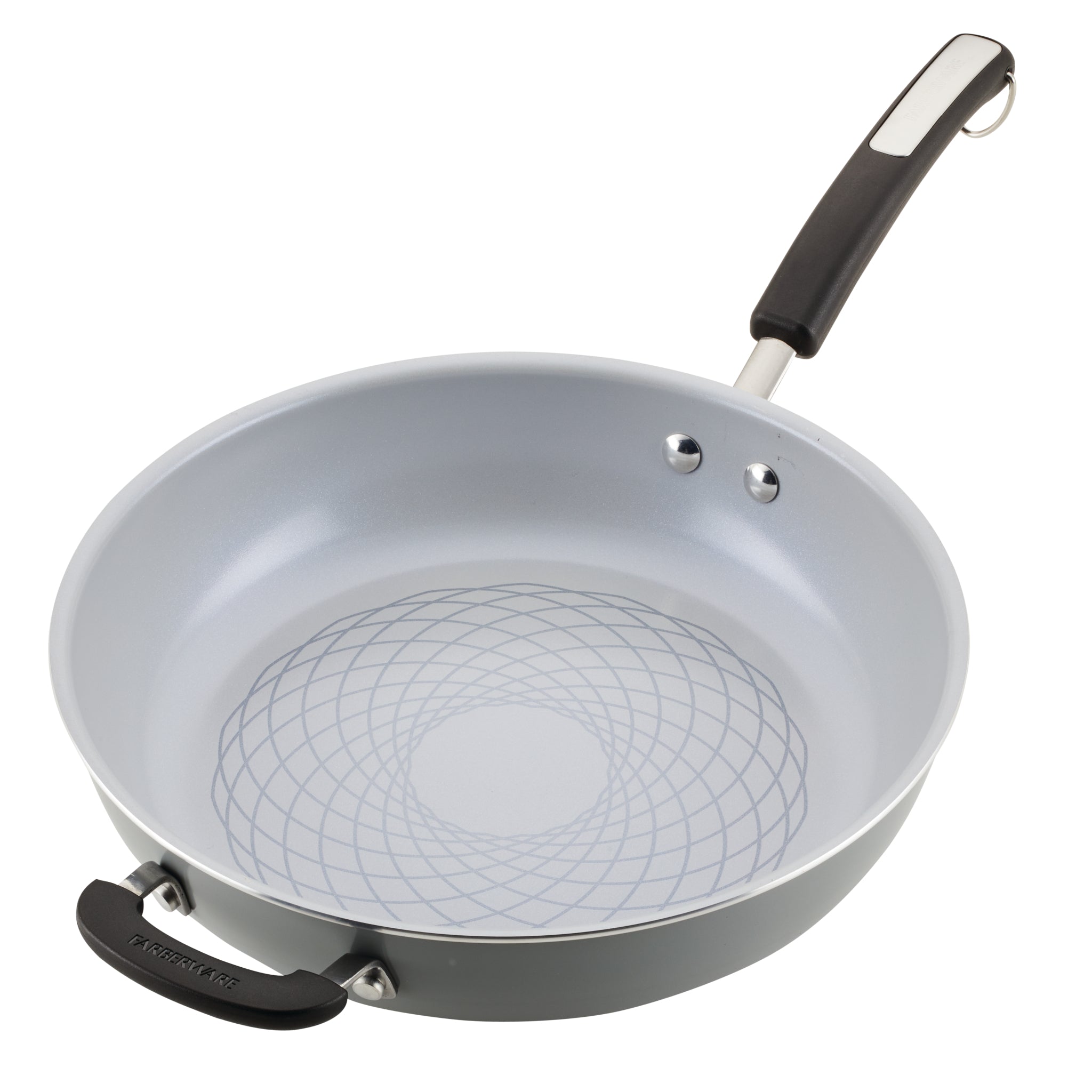 The 12.5-Inch Recycled Aluminum Ceramic Nonstick Deep Frying Pan features a gray design with a geometric pattern inside and a black handle, crafted from recycled aluminum for environmentally friendly and healthy cooking.