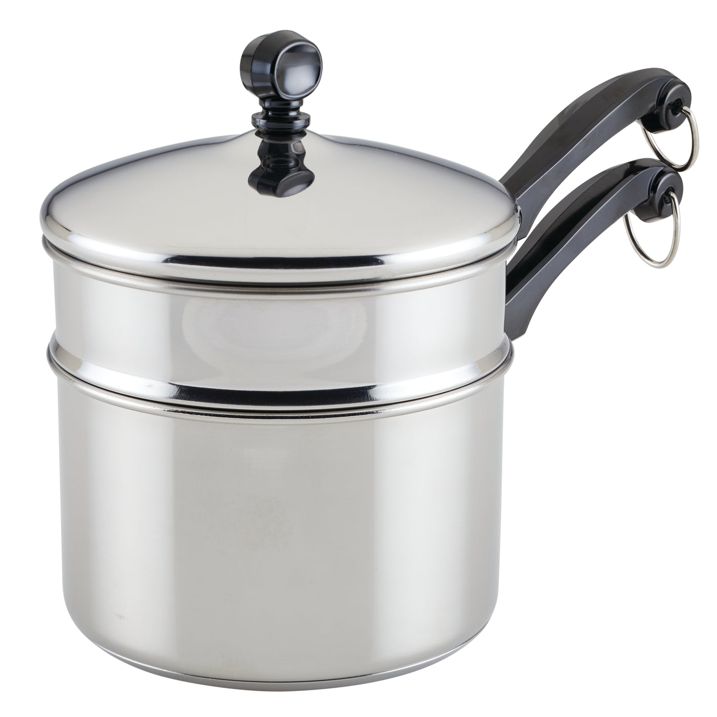 Classic Series Stainless Steel 2-Qt. Covered Saucepan with black handles, featuring a self-basting lid and a double boiler insert.