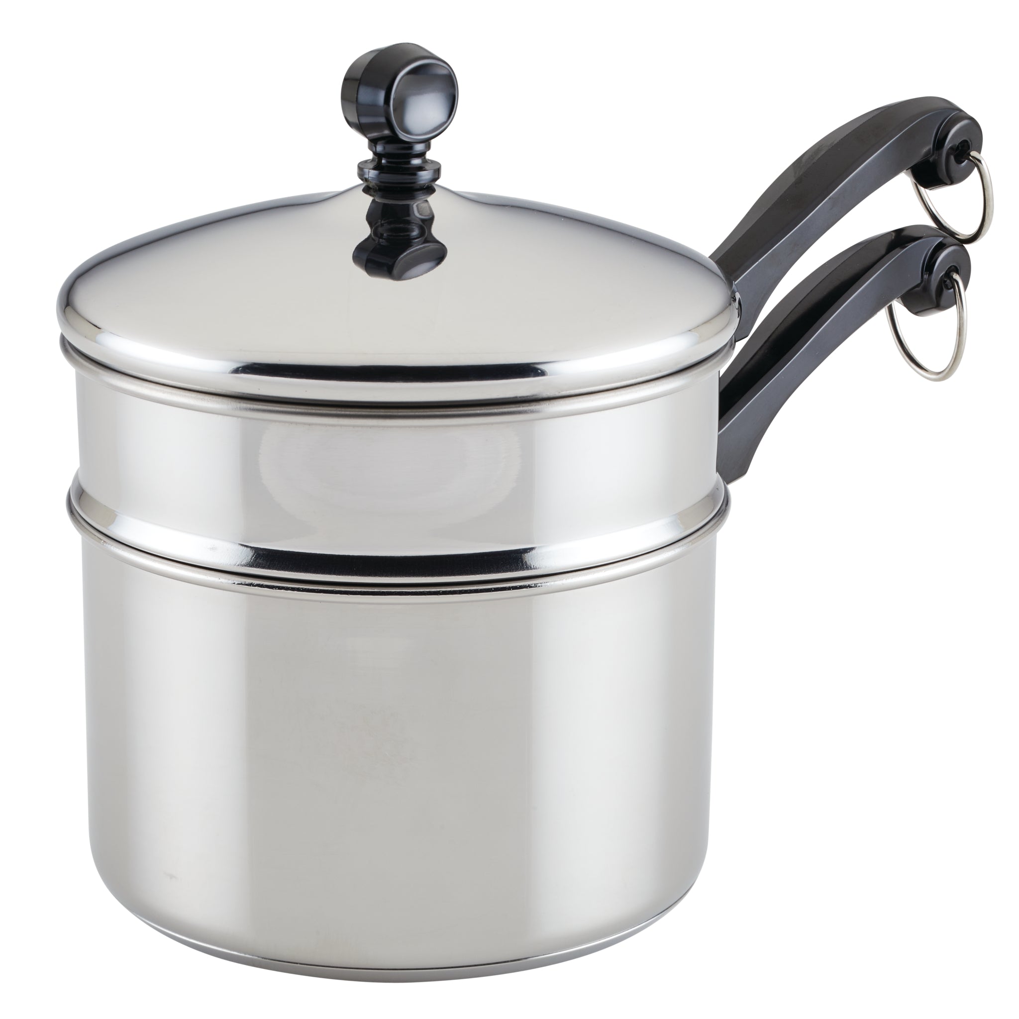 Classic Series Stainless Steel 2-Qt. Covered Saucepan with black handles, featuring a self-basting lid and a double boiler insert.