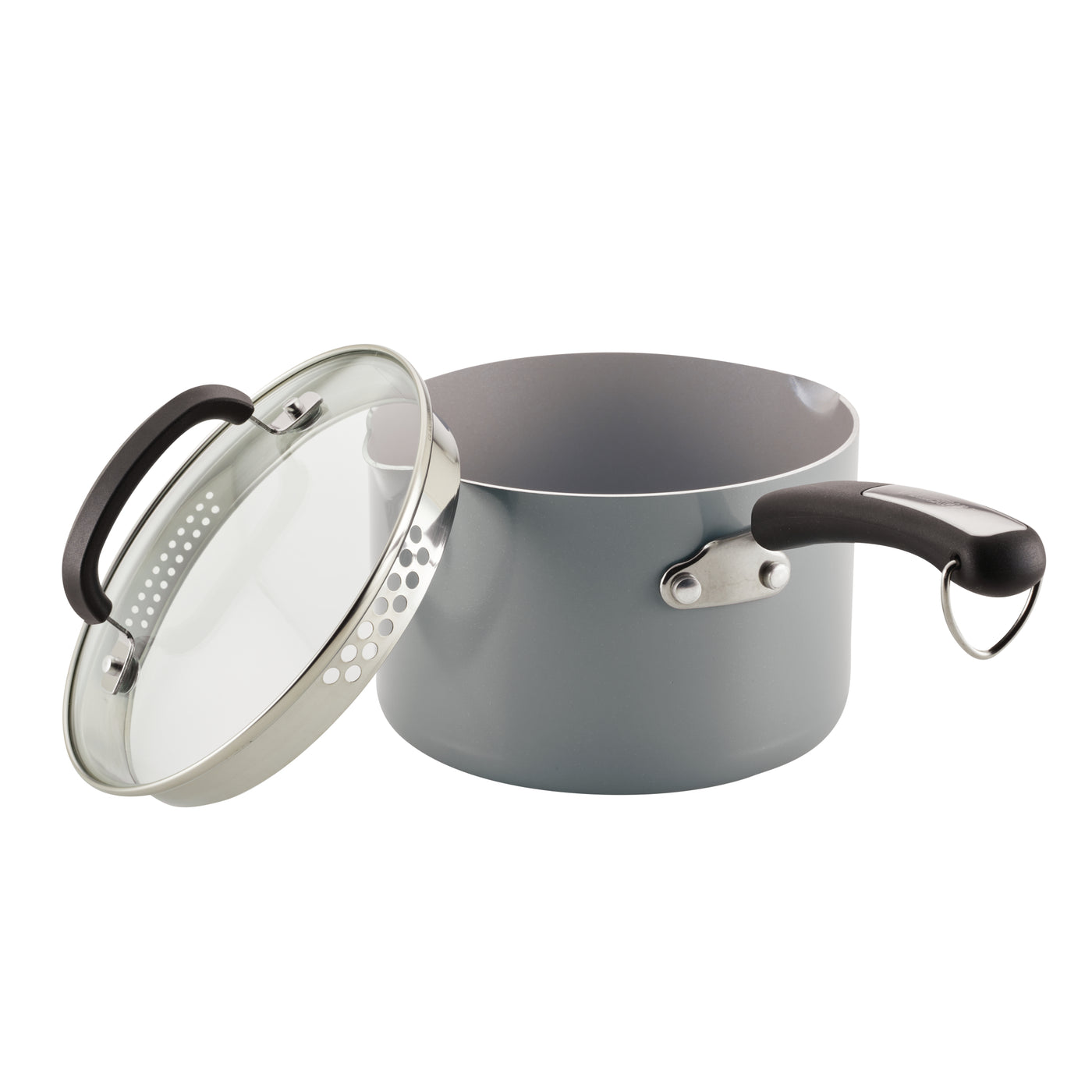The 3-Quart Recycled Aluminum Nonstick Straining Saucepan is designed with a stylish gray finish, complete with a glass lid and a sleek black handle.