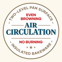 Circular logo highlighting the 2-Piece Nonstick Round Cake Pan Set, which features insulation and an air circulation design for even heating.
