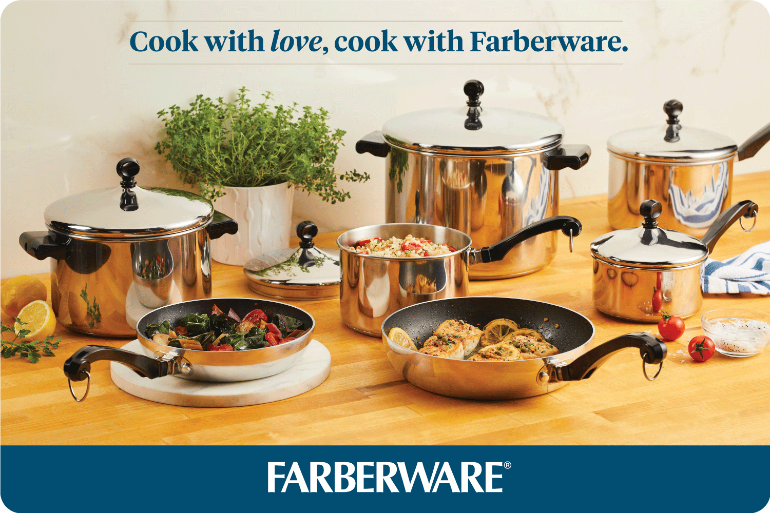 Assorted Farberware cookware is displayed on a wooden countertop, making it the ideal gift for any culinary enthusiast. Consider pairing it with the Farberware Digital Gift Card, which is easily redeemable at checkout.