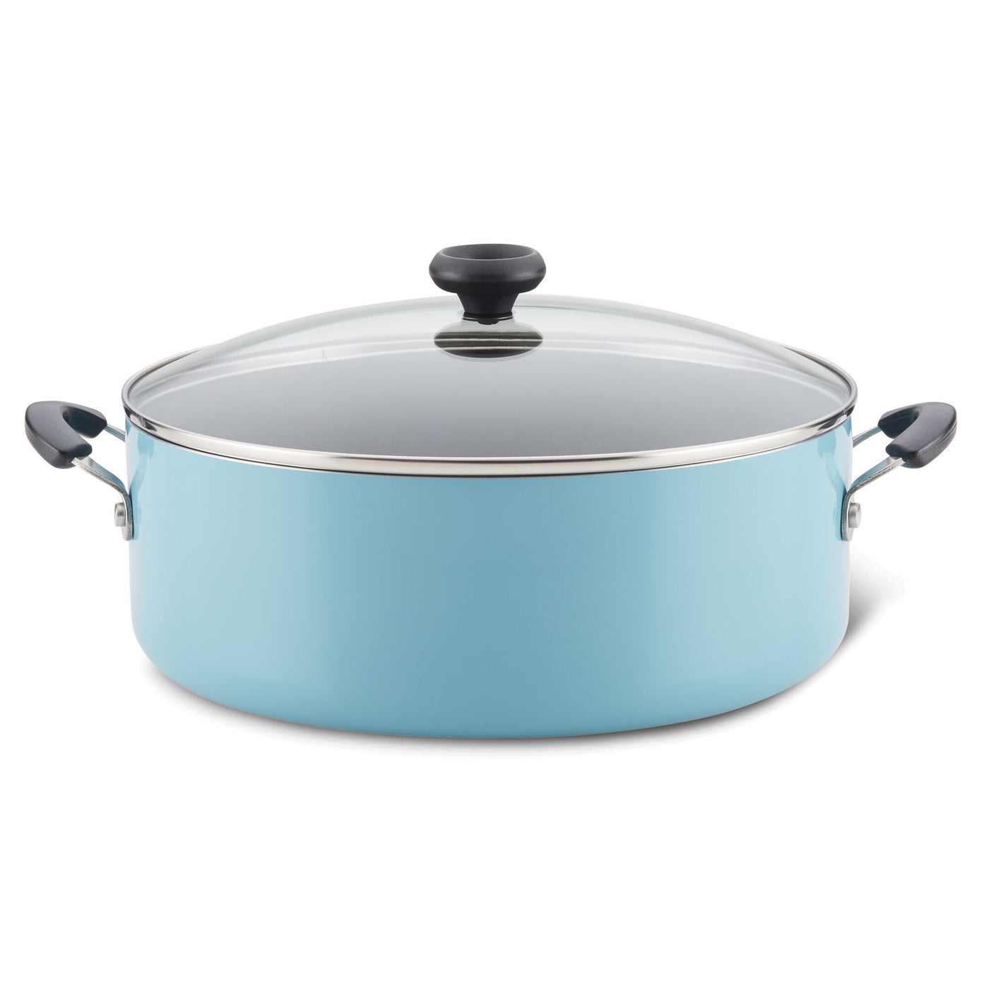 The 8-Quart Nonstick Stockpot, ideal for simmering soups, comes with a glass lid and black handles.