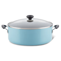 The 8-Quart Nonstick Stockpot, ideal for simmering soups, comes with a glass lid and black handles.