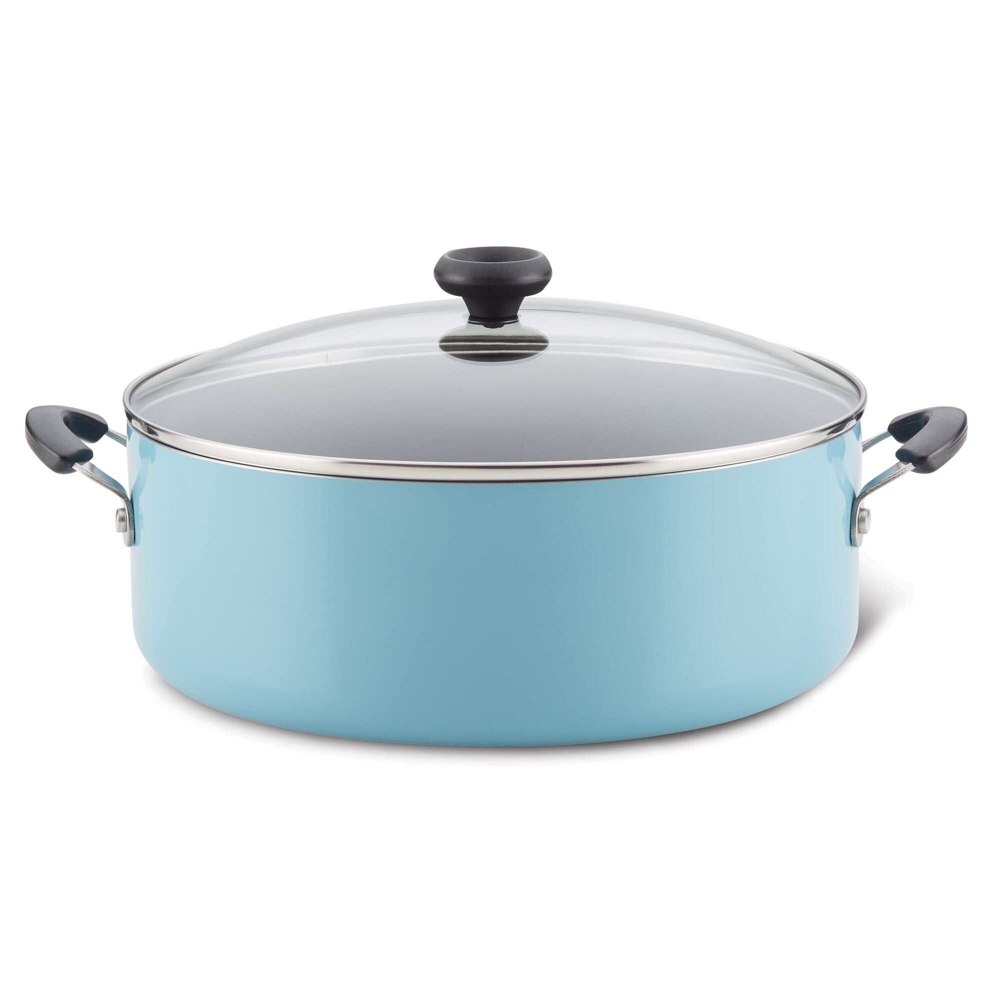 The 8-Quart Nonstick Stockpot, ideal for simmering soups, comes with a glass lid and black handles.