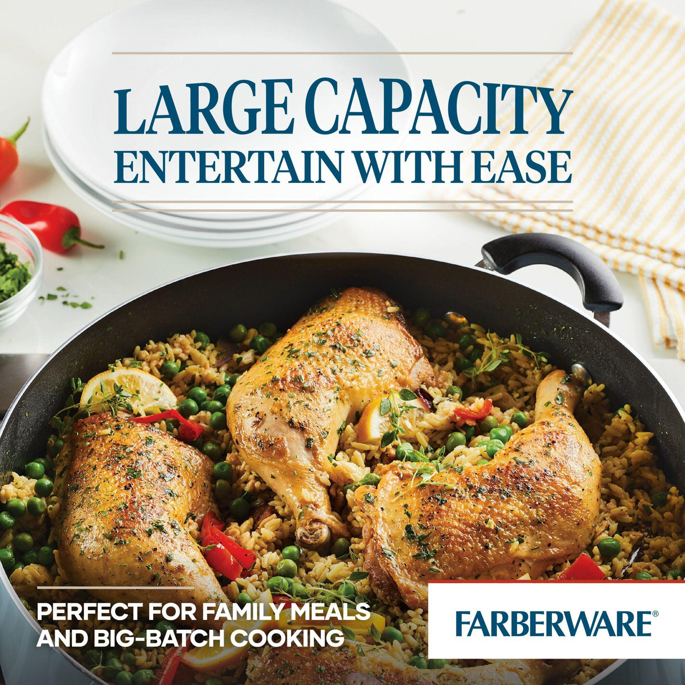Savor a delectable chicken and rice dish, perfectly prepared in the 14-Inch Nonstick Family Pan, filled with an abundance of herbs and vegetables. This pan is ideal for creating family recipes that require large portions to satisfy everyone at the table.
