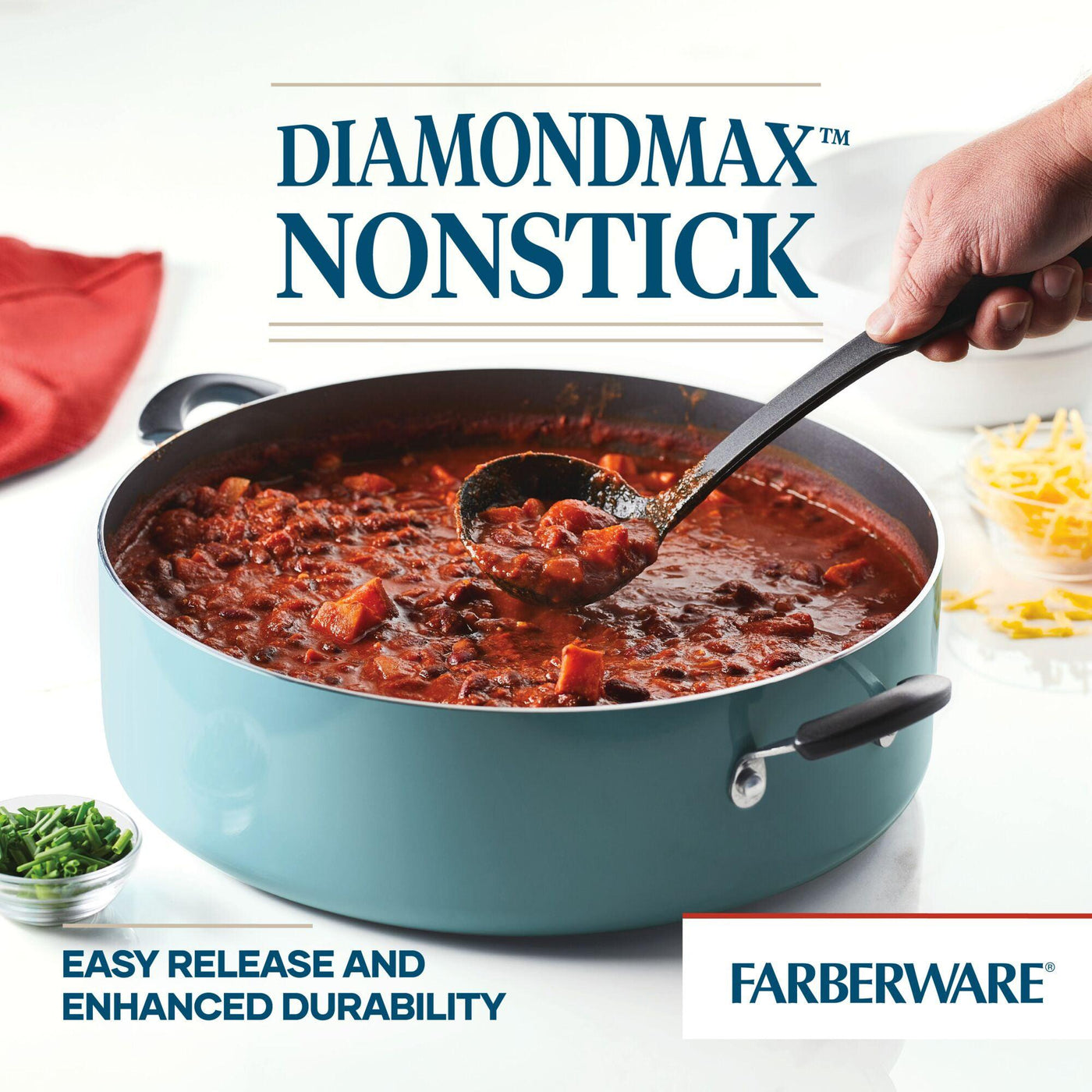 Preparing generous servings of a tomato-based dish in the 14-Inch Nonstick Family Pan, using a black ladle and drawing inspiration from treasured family recipes.