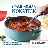 Preparing generous servings of a tomato-based dish in the 14-Inch Nonstick Family Pan, using a black ladle and drawing inspiration from treasured family recipes.