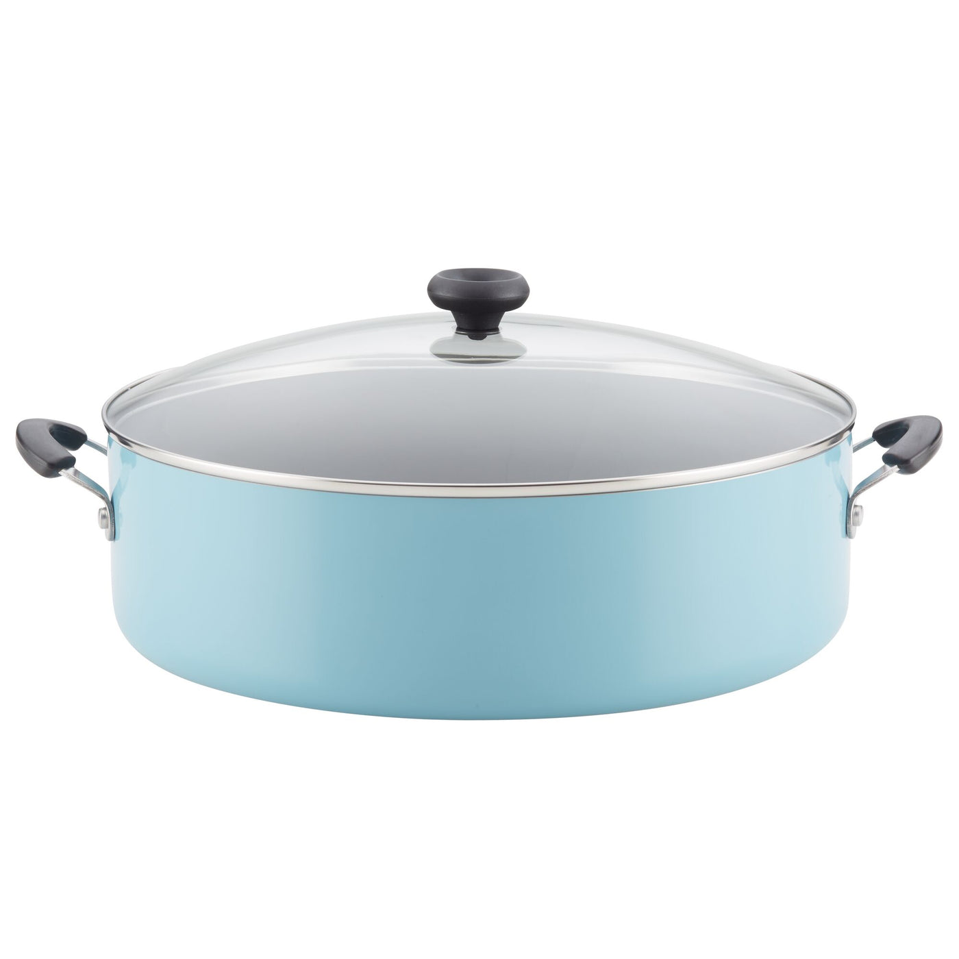 The 14-Inch Nonstick Family Pan in light blue comes with a glass lid and black handles, ideal for preparing large portions of family recipes.