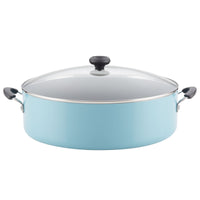 The 14-Inch Nonstick Family Pan in light blue comes with a glass lid and black handles, ideal for preparing large portions of family recipes.