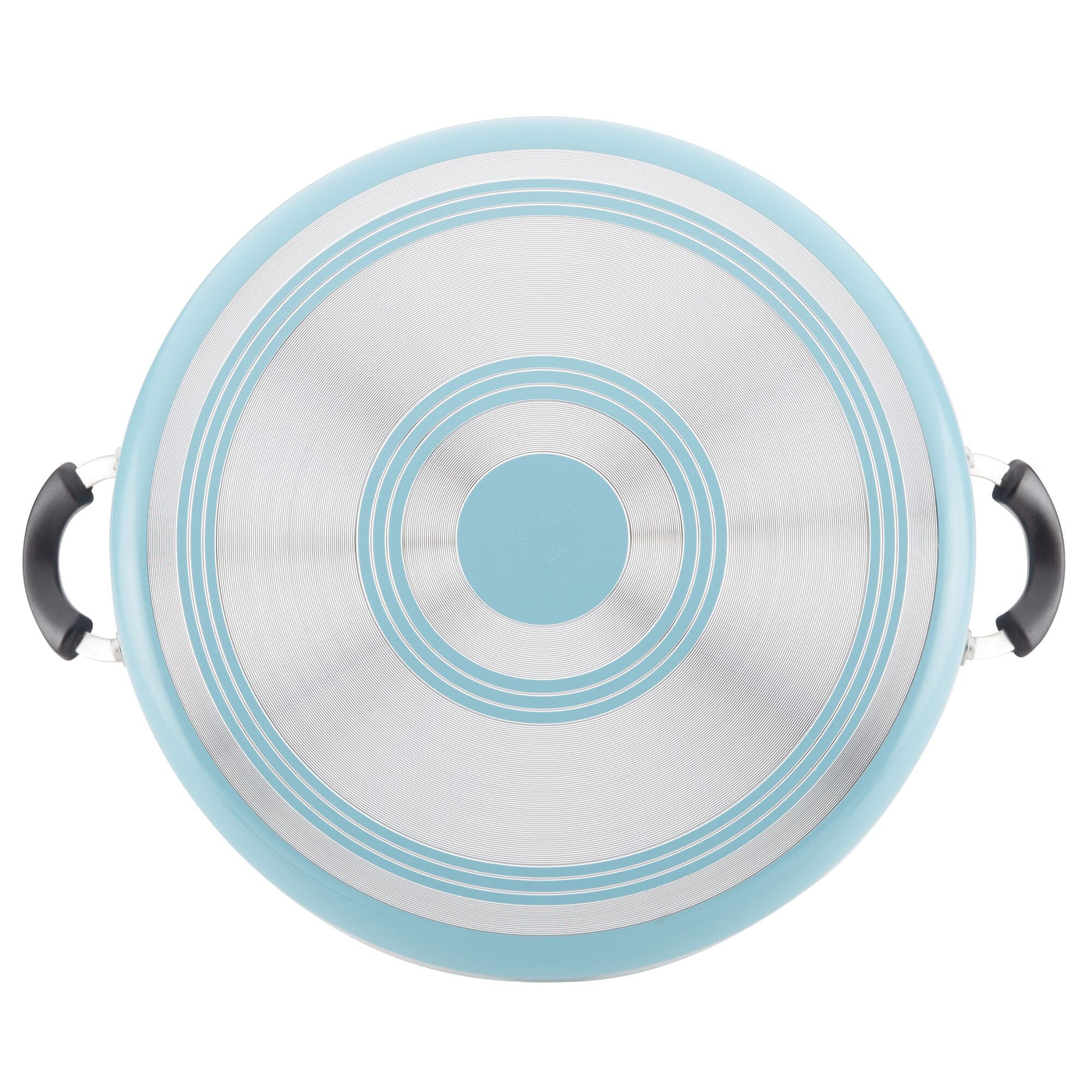 Top view of the 14-Inch Nonstick Family Pan in turquoise and stainless steel, featuring black handles, ideal for creating large portions of your favorite family recipes.