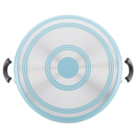 Top view of the 14-Inch Nonstick Family Pan in turquoise and stainless steel, featuring black handles, ideal for creating large portions of your favorite family recipes.