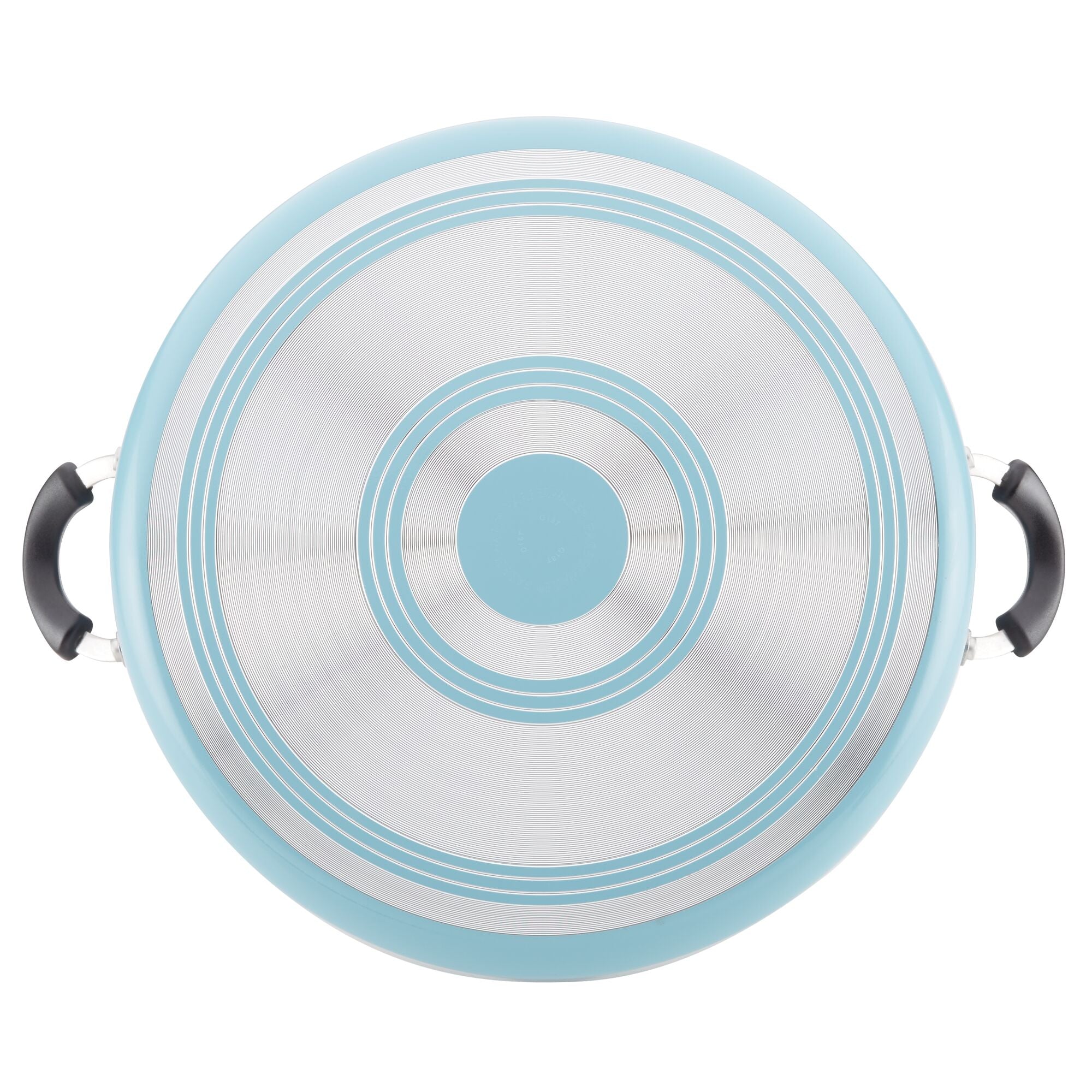 Top view of the 14-Inch Nonstick Family Pan in turquoise and stainless steel, featuring black handles, ideal for creating large portions of your favorite family recipes.