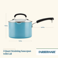 A 3-quart Recycled Aluminum Nonstick Straining Saucepan in blue is equipped with a lid and an ergonomic handle. It features a ceramic nonstick surface for hassle-free cooking, incorporates a built-in strainer, and has conveniently displayed dimensions.