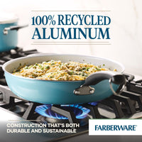 A 12.5-Inch Recycled Aluminum Ceramic Nonstick Deep Frying Pan sizzles on a gas stove, crafted from 100% recycled aluminum. Its ceramic nonstick surface promotes healthy cooking by minimizing the need for oil, making each meal both eco-friendly and flavorful.