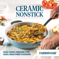 Hands holding a 12.5-inch recycled aluminum ceramic nonstick deep frying pan with a vegetable frittata, ideal for healthy cooking.