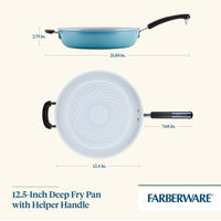The Farberware 12.5-Inch Recycled Aluminum Ceramic Nonstick Deep Frying Pan in blue is designed for healthy cooking and features a helpful handle for added convenience.