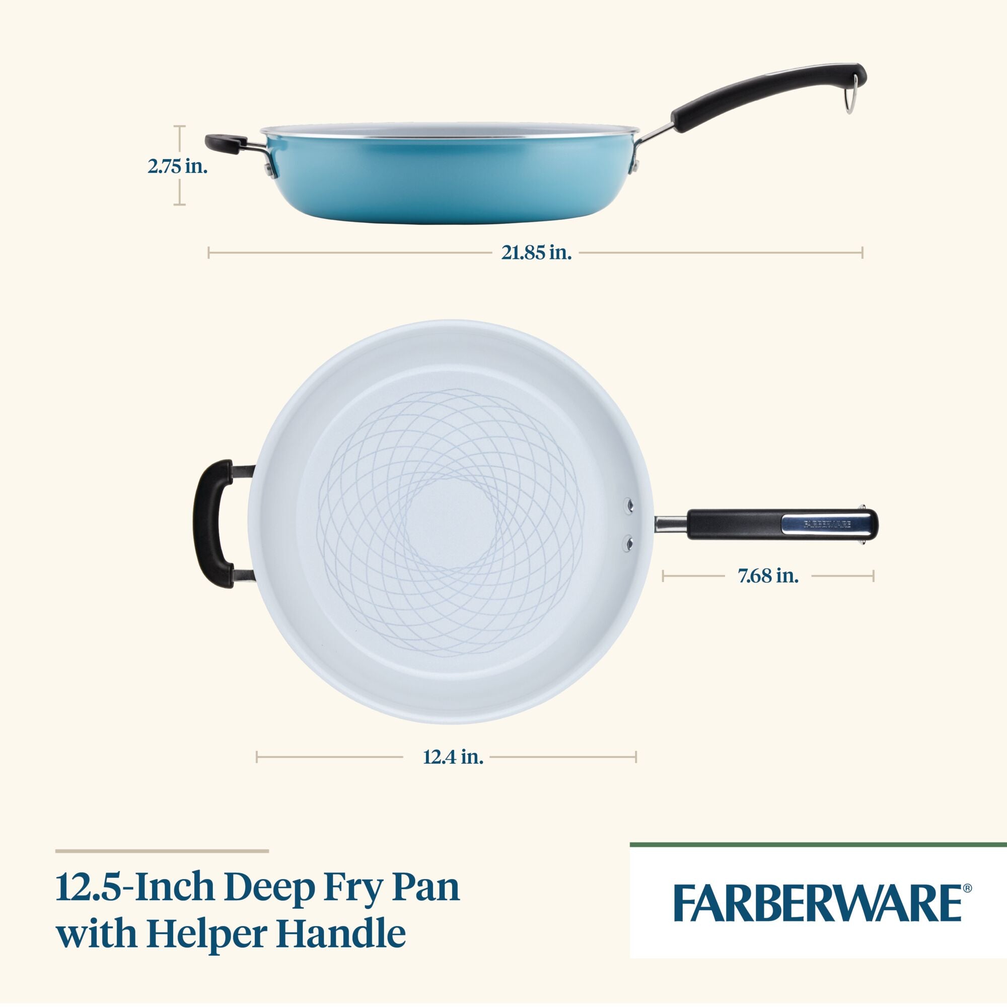 The Farberware 12.5-Inch Recycled Aluminum Ceramic Nonstick Deep Frying Pan in blue is designed for healthy cooking and features a helpful handle for added convenience.