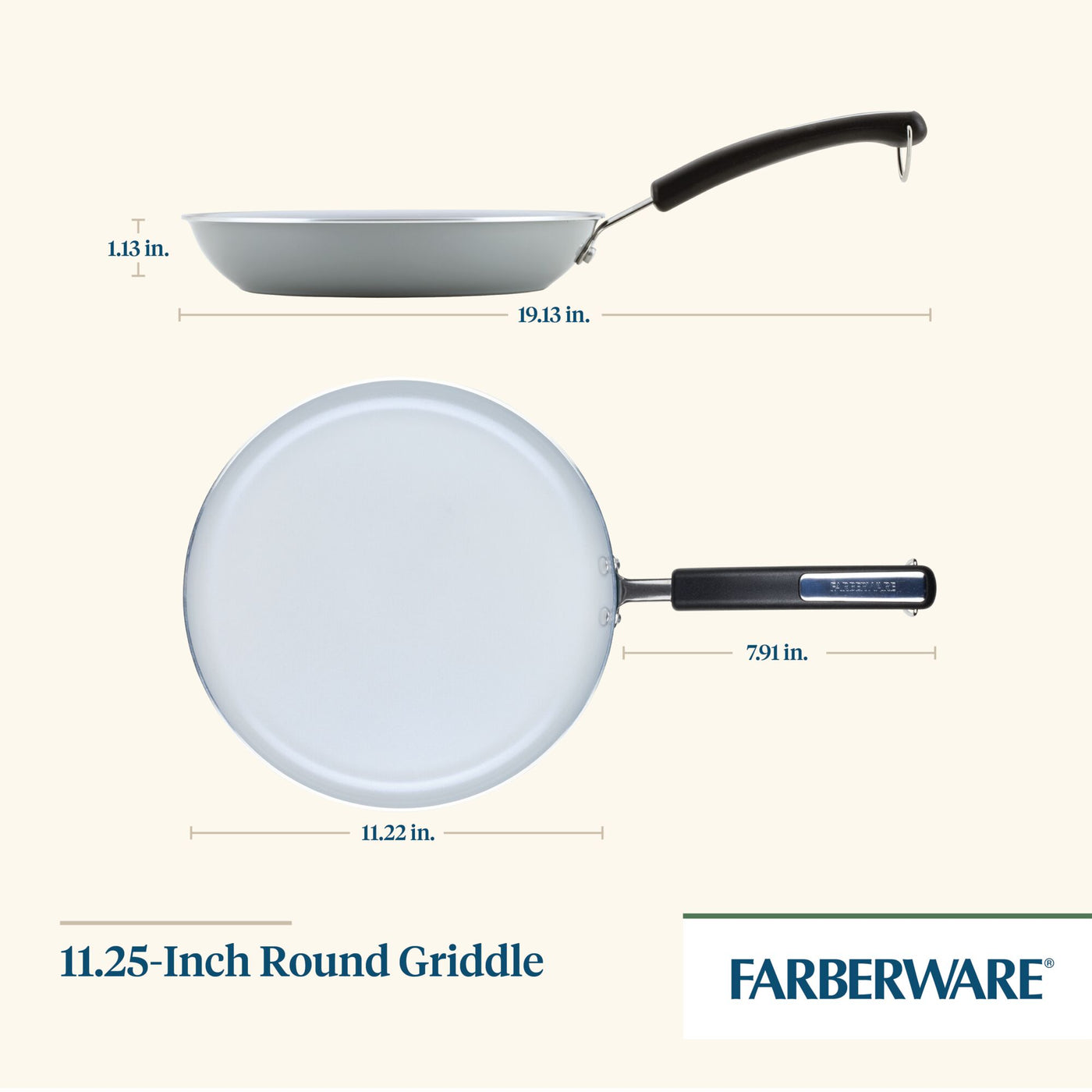 Diagram of the 11.25-Inch Recycled Aluminum Ceramic Nonstick Griddle, highlighting its dimensions and eco-friendly construction.