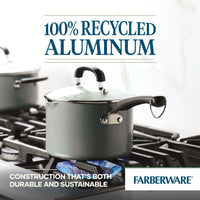 3-Quart Recycled Aluminum Nonstick Straining Saucepan on stove with text: "100% Recycled Aluminum, built-in strainer, Farberware.