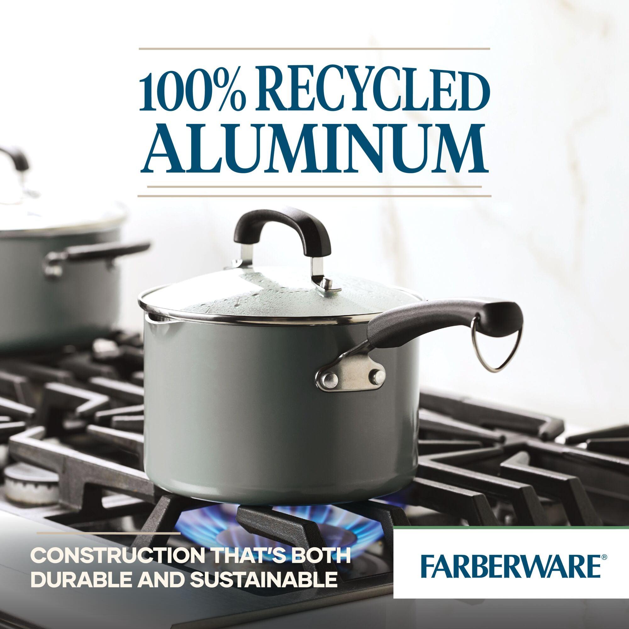 3-Quart Recycled Aluminum Nonstick Straining Saucepan on stove with text: "100% Recycled Aluminum, built-in strainer, Farberware.