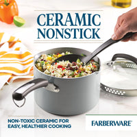 The 3-Quart Recycled Aluminum Nonstick Straining Saucepan with rice and vegetables includes a built-in strainer, simplifying meal preparation.