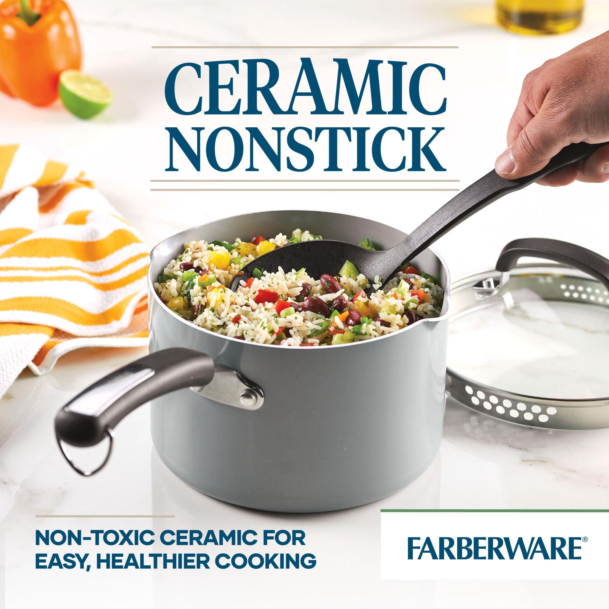 The 3-Quart Recycled Aluminum Nonstick Straining Saucepan with rice and vegetables includes a built-in strainer, simplifying meal preparation.
