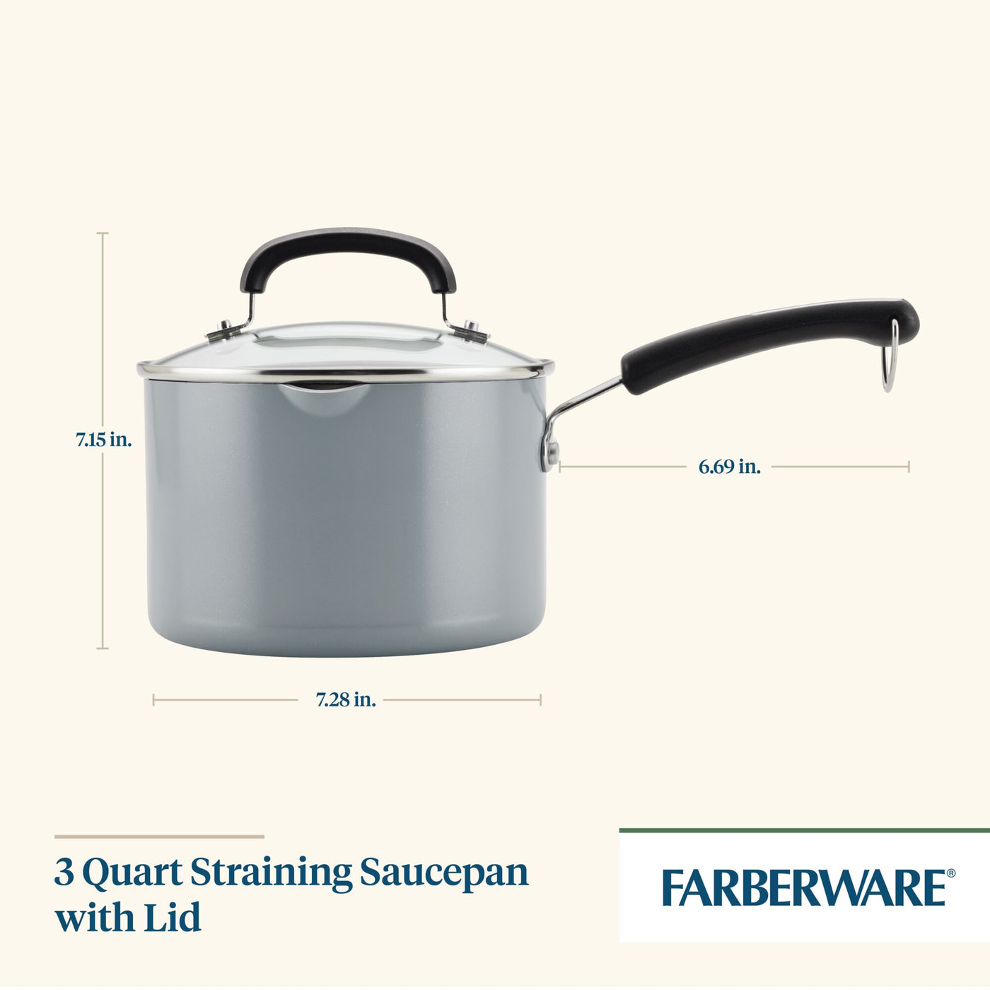 The 3-Quart Recycled Aluminum Nonstick Straining Saucepan is equipped with a ceramic nonstick surface and an integrated strainer, along with a lid, and its handle measurements are specified in inches.