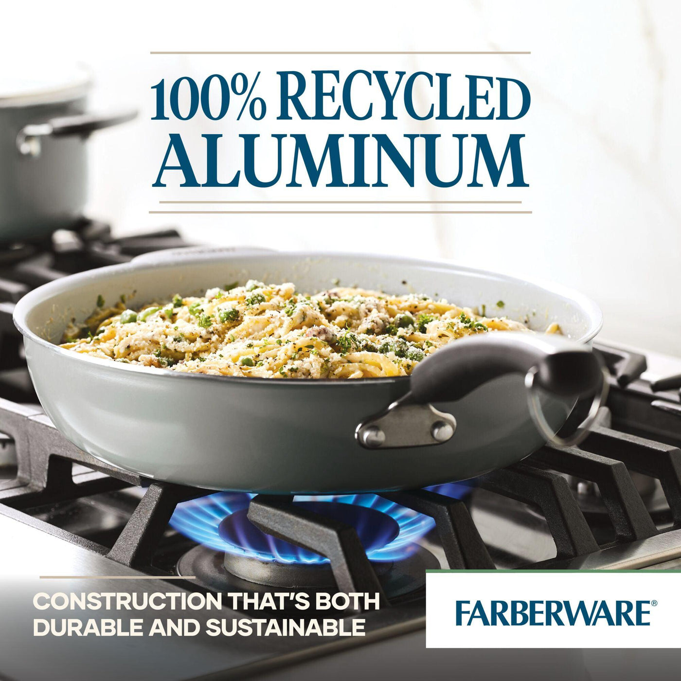 The 12.5-Inch Recycled Aluminum Ceramic Nonstick Deep Frying Pan rests on a gas stove, offering the promise of healthy cooking. Its ceramic nonstick surface guarantees effortless food release and straightforward cleanup, turning every meal into a delightful experience.
