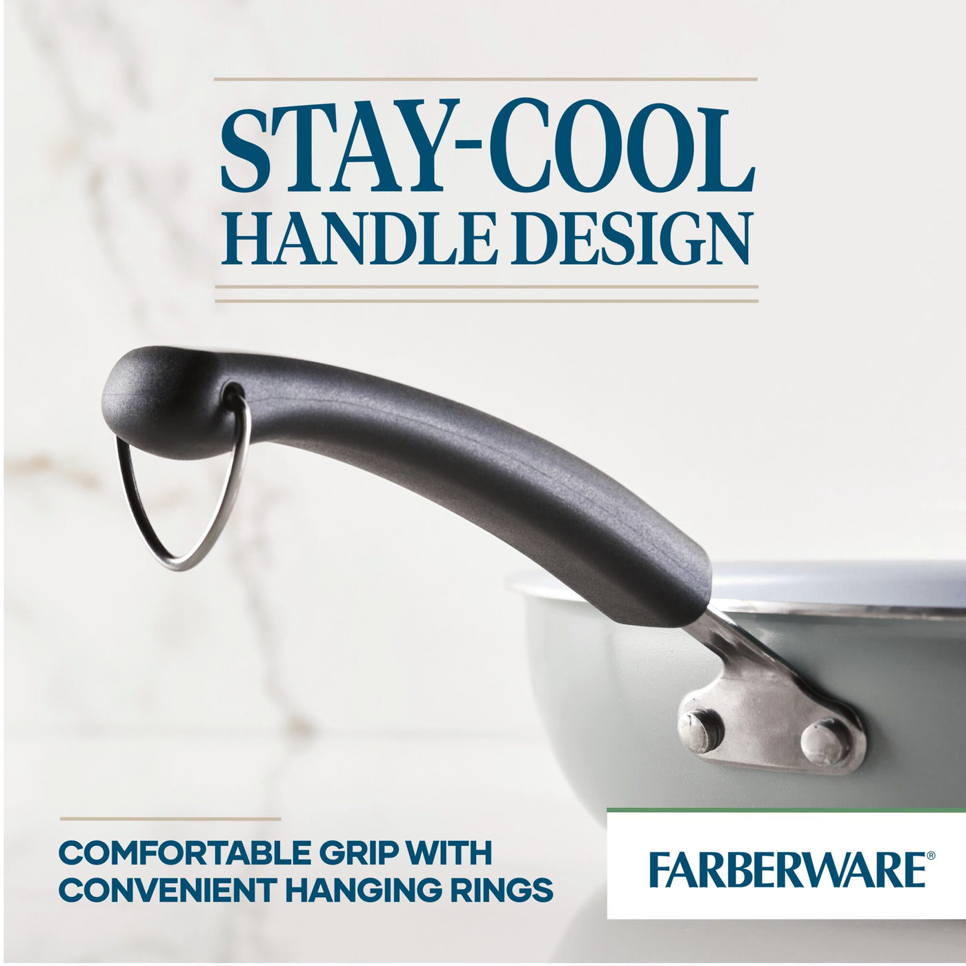 A detailed view of the handle from the 12.5-Inch Recycled Aluminum Ceramic Nonstick Deep Frying Pan, showcasing its stay-cool feature and hanging ring, is crafted from recycled aluminum for sustainable and healthy cooking.