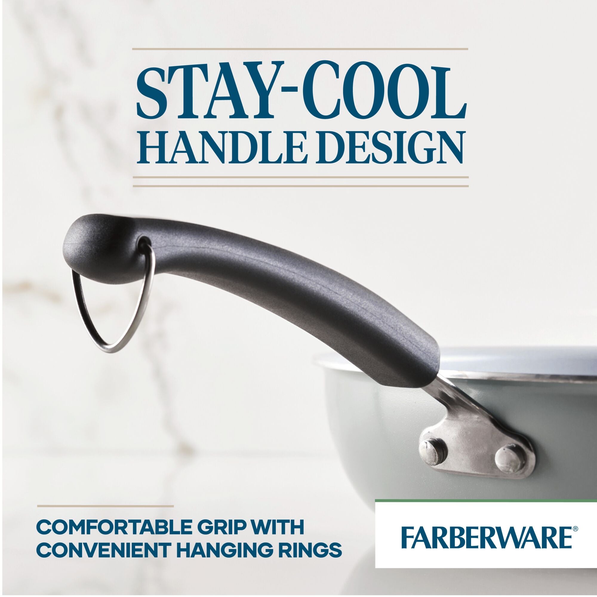 A detailed view of the handle from the 12.5-Inch Recycled Aluminum Ceramic Nonstick Deep Frying Pan, showcasing its stay-cool feature and hanging ring, is crafted from recycled aluminum for sustainable and healthy cooking.