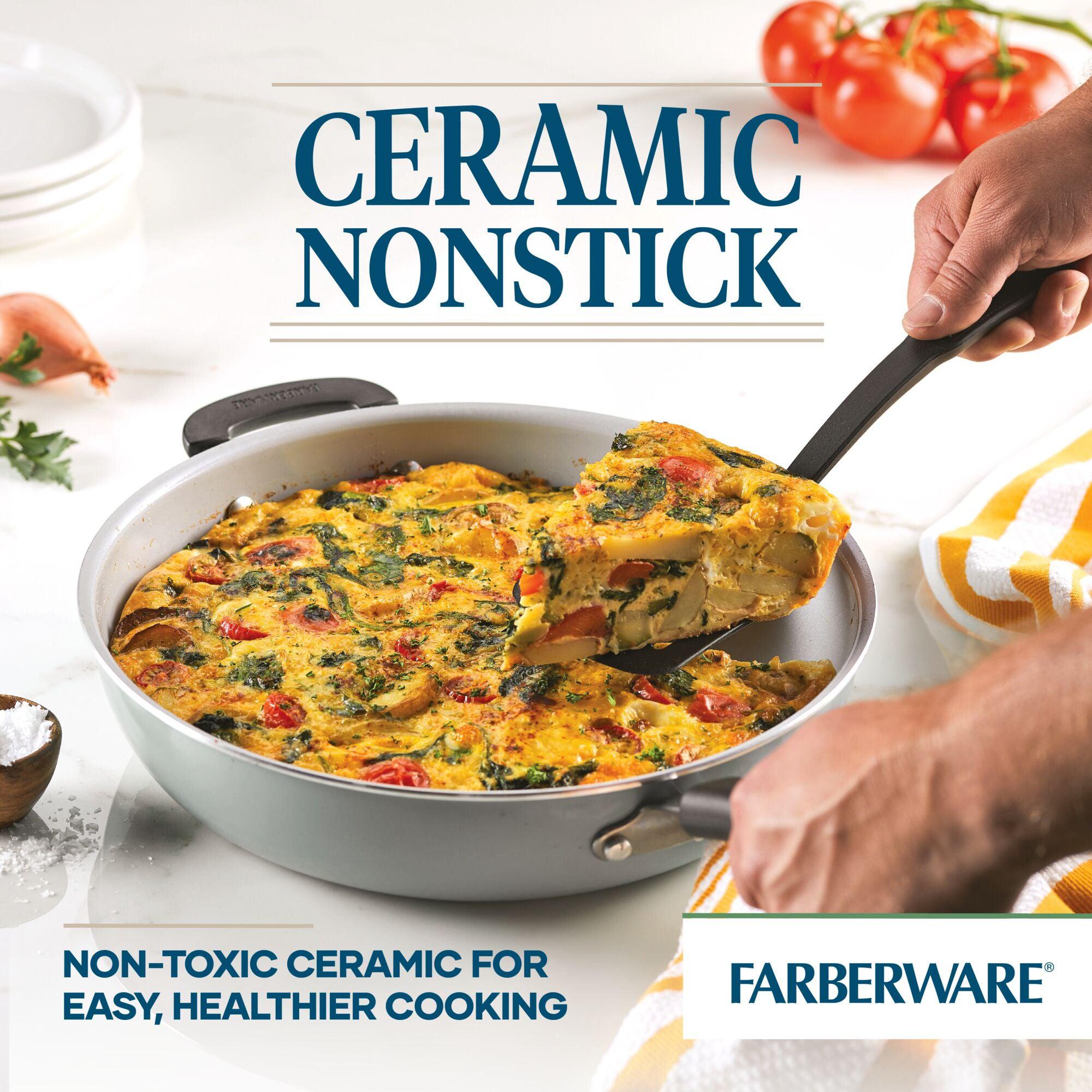 A person holds the 12.5-Inch Recycled Aluminum Ceramic Nonstick Deep Frying Pan, with a delicious vegetable frittata—perfect for healthy cooking.