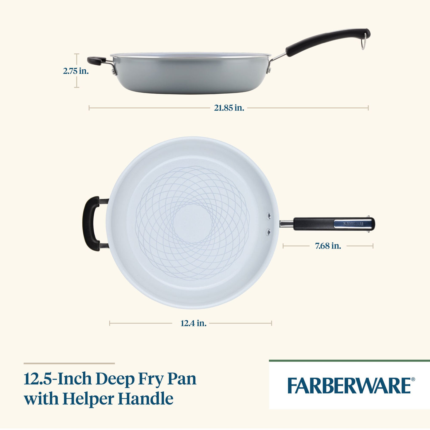 The 12.5-Inch Recycled Aluminum Ceramic Nonstick Deep Frying Pan is expertly designed with a ceramic nonstick surface, ideal for healthy cooking. Displayed elegantly from side and top perspectives, it features a practical helper handle to enhance kitchen convenience.