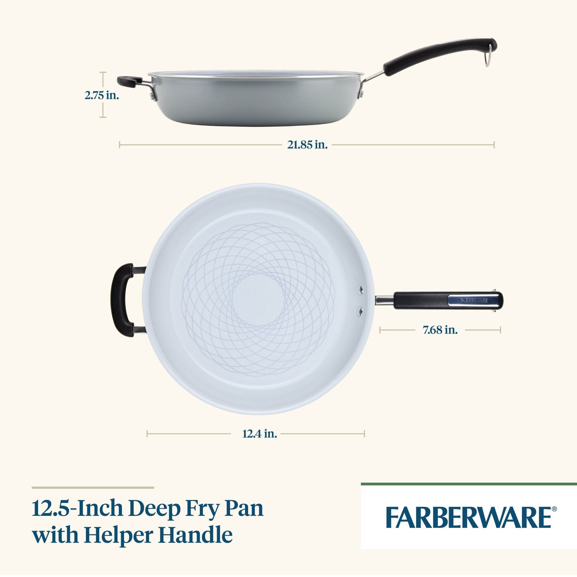 The 12.5-Inch Recycled Aluminum Ceramic Nonstick Deep Frying Pan is expertly designed with a ceramic nonstick surface, ideal for healthy cooking. Displayed elegantly from side and top perspectives, it features a practical helper handle to enhance kitchen convenience.