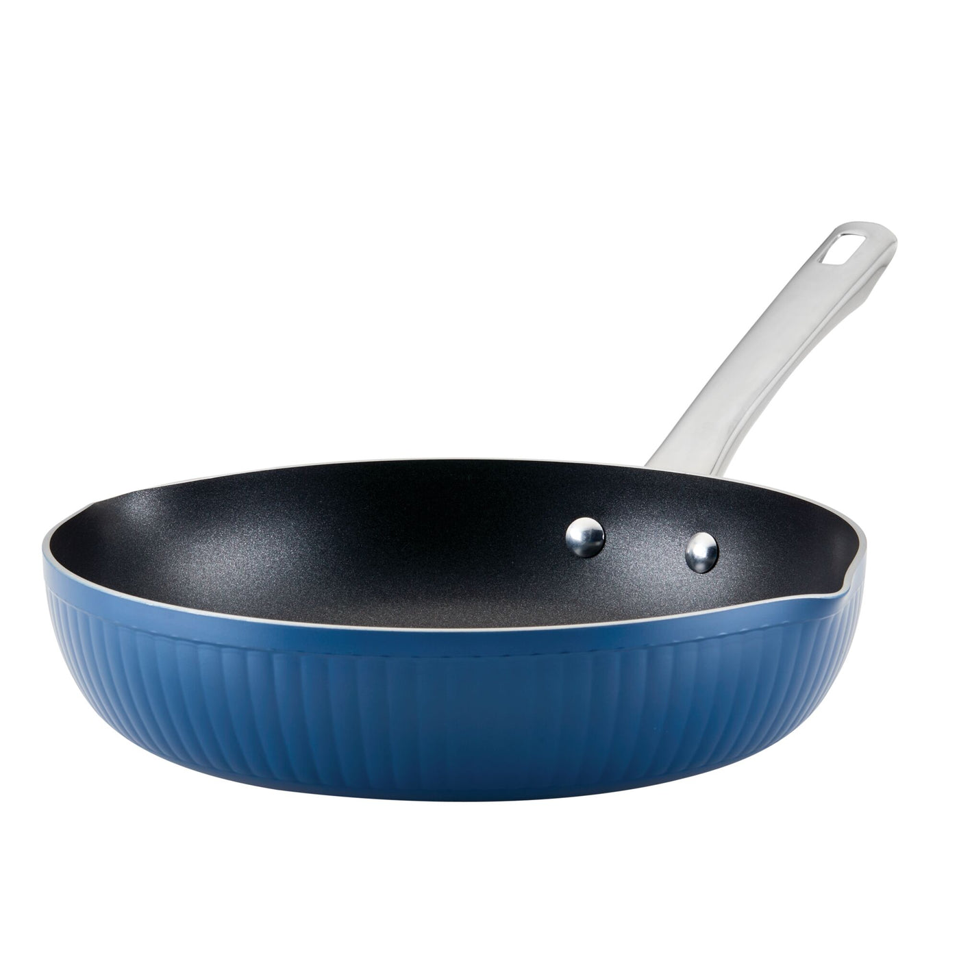 The Style Nonstick Cookware Frying Pan, 11.25-Inch, boasts a stylish blue finish and a silver handle, beautifully presented against a pure white background.