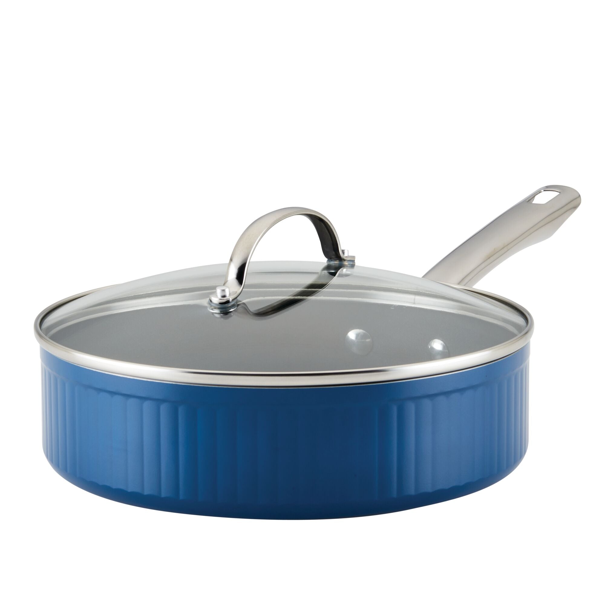 Introducing the elegant Style Nonstick Cookware Saute Pan with Lid, 3-Quart: a beautifully designed blue sauté pan with a glass lid and metal handle, crafted with DiamondMax™ Nonstick technology for outstanding nonstick performance.