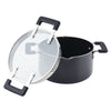 The 6-Quart Nonstick Straining Saucepot in black, with a glass lid, boasts sturdy black handles and is equipped with DiamondMax nonstick coating for easy cooking and cleaning.