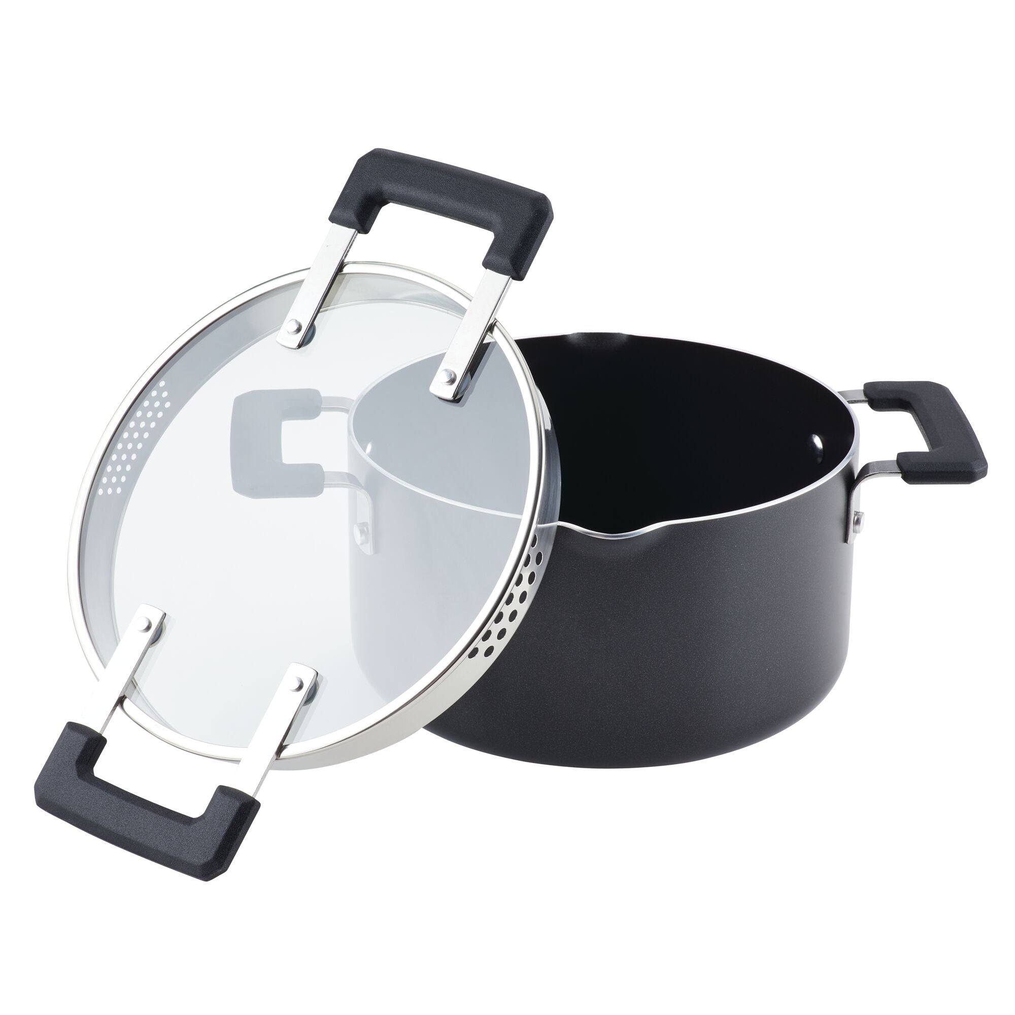 The 6-Quart Nonstick Straining Saucepot in black, with a glass lid, boasts sturdy black handles and is equipped with DiamondMax nonstick coating for easy cooking and cleaning.