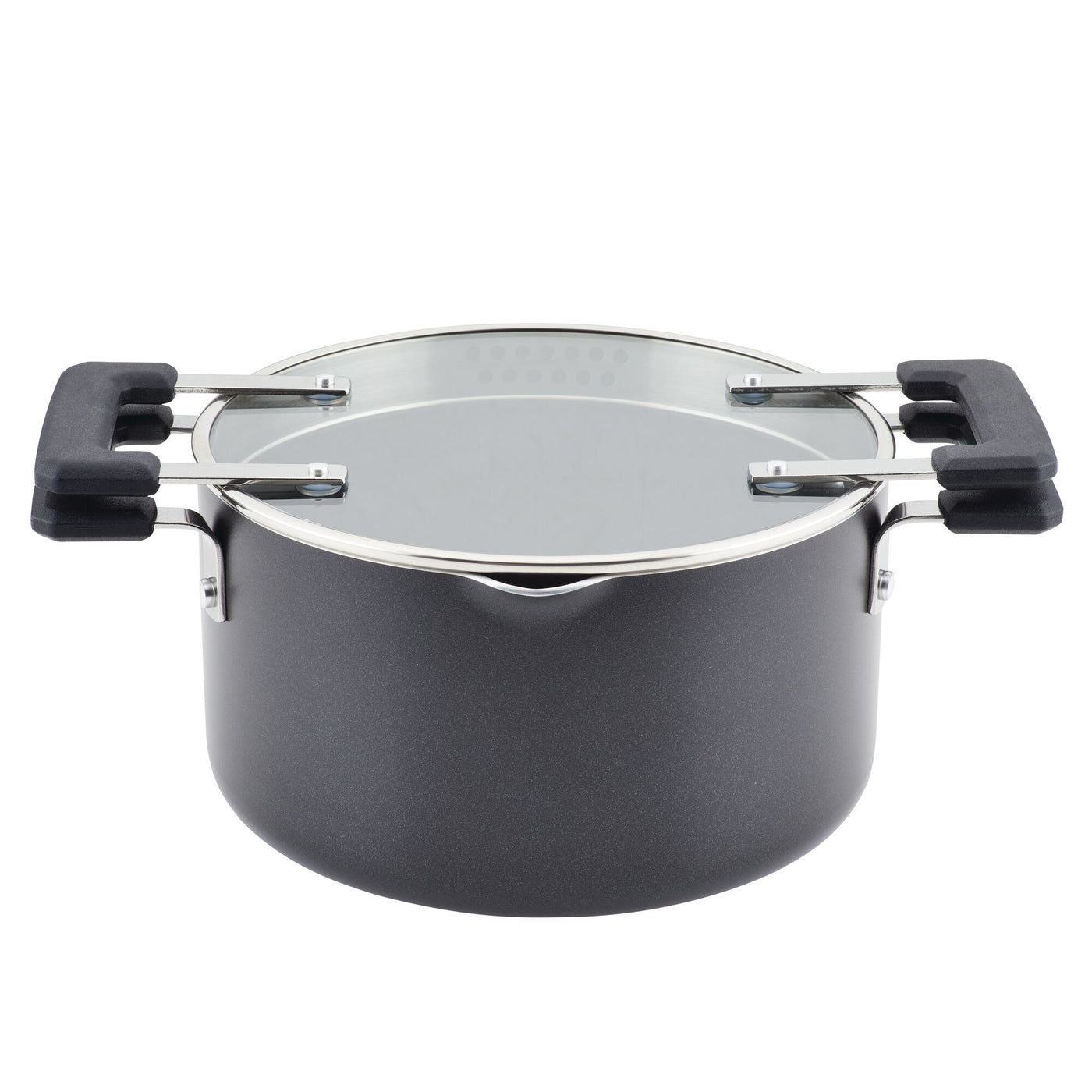 The 6-Quart Nonstick Straining Saucepot comes with a black cooking pot, a glass lid, and sleek black handles, all enhanced by DiamondMax nonstick technology to ensure effortless cooking and cleaning.