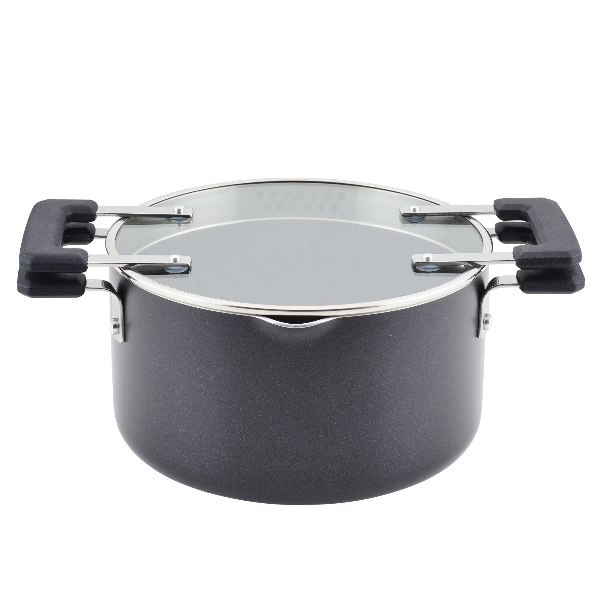 The 6-Quart Nonstick Straining Saucepot comes with a black cooking pot, a glass lid, and sleek black handles, all enhanced by DiamondMax nonstick technology to ensure effortless cooking and cleaning.