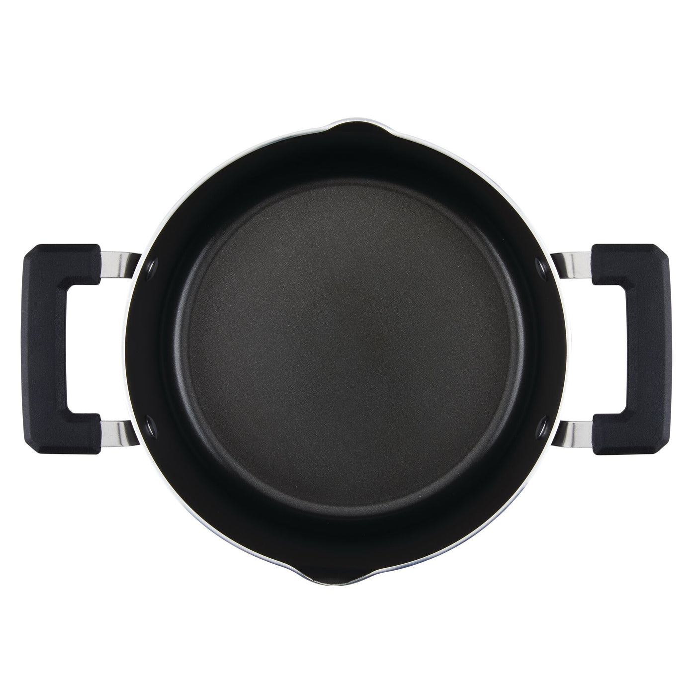 Top view of a black 6-Quart Nonstick Straining Saucepot by Farberware with two handles featuring DiamondMax nonstick coating.