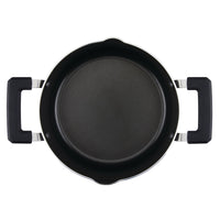 Top view of a black 6-Quart Nonstick Straining Saucepot by Farberware with two handles featuring DiamondMax nonstick coating.