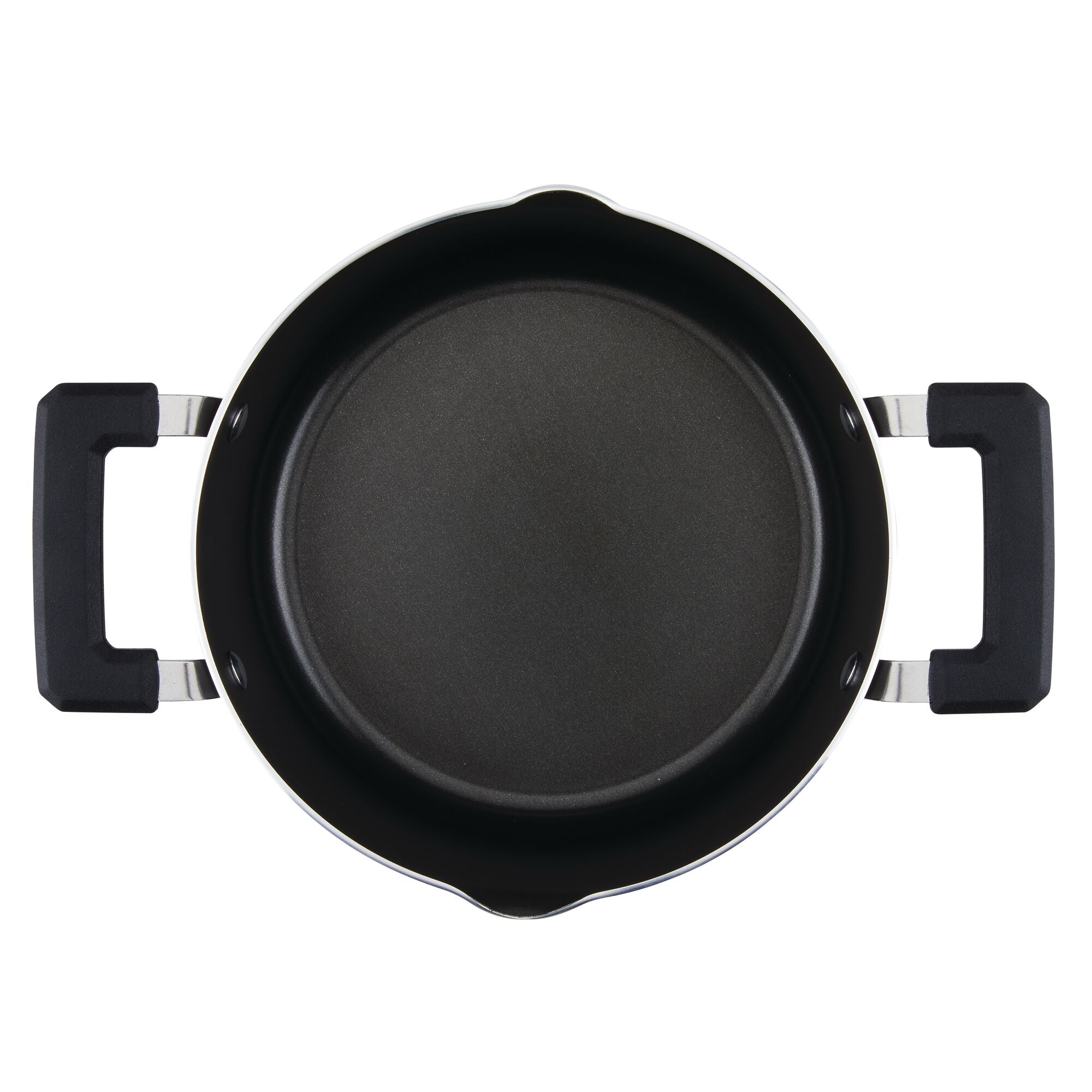 Top view of a black 6-Quart Nonstick Straining Saucepot by Farberware with two handles featuring DiamondMax nonstick coating.